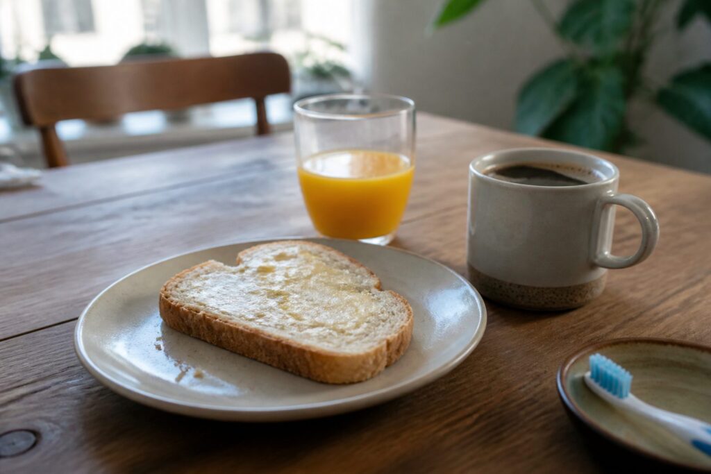 Ontbijttafel met brood, sinaasappelsap en koffie, met een tandenborstel aan de rand