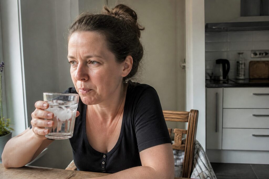 Vrouw drinkt een glas ijswater en vertrekt licht haar gezicht