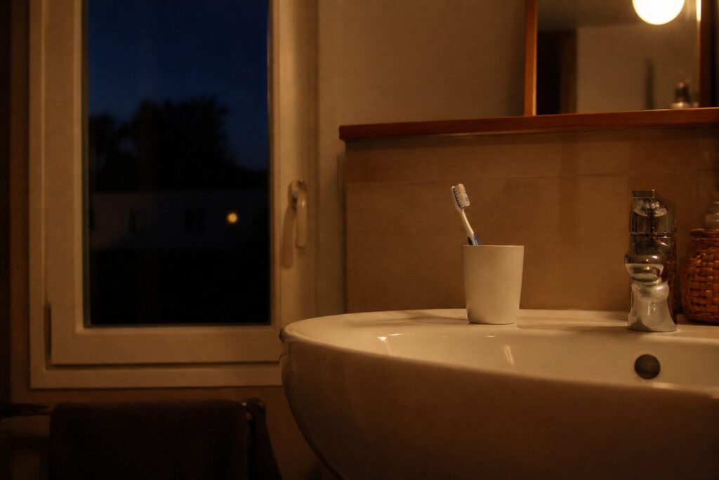 Badkamer bij avondlicht met een tandenborstel in een beker