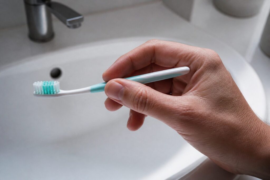 Hand houdt een tandenborstel losjes vast tussen duim en wijsvinger, als een pen