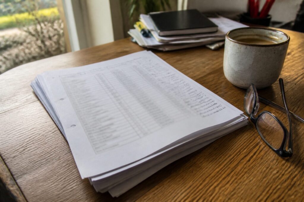 Bureau met een stapel uitgeprinte tabellen, aantekeningen in de kantlijn, een leesbril en een kopje koffie