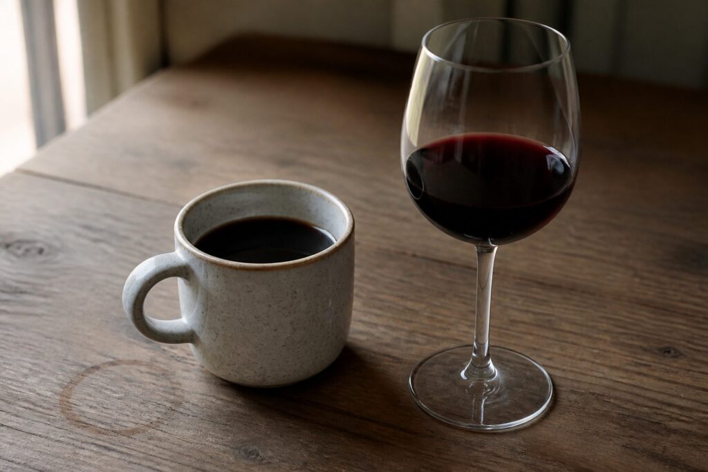 Kop zwarte koffie en een glas rode wijn op een houten tafel
