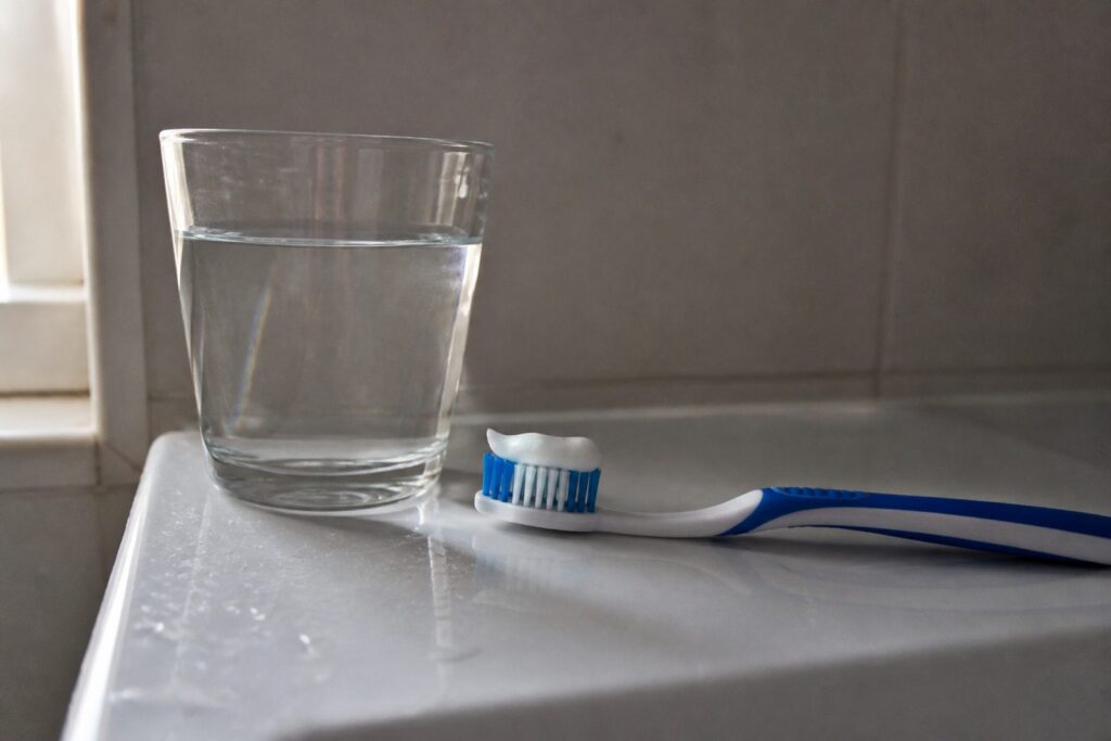 Glas water en een tandenborstel met tandpasta op de rand van een wastafel
