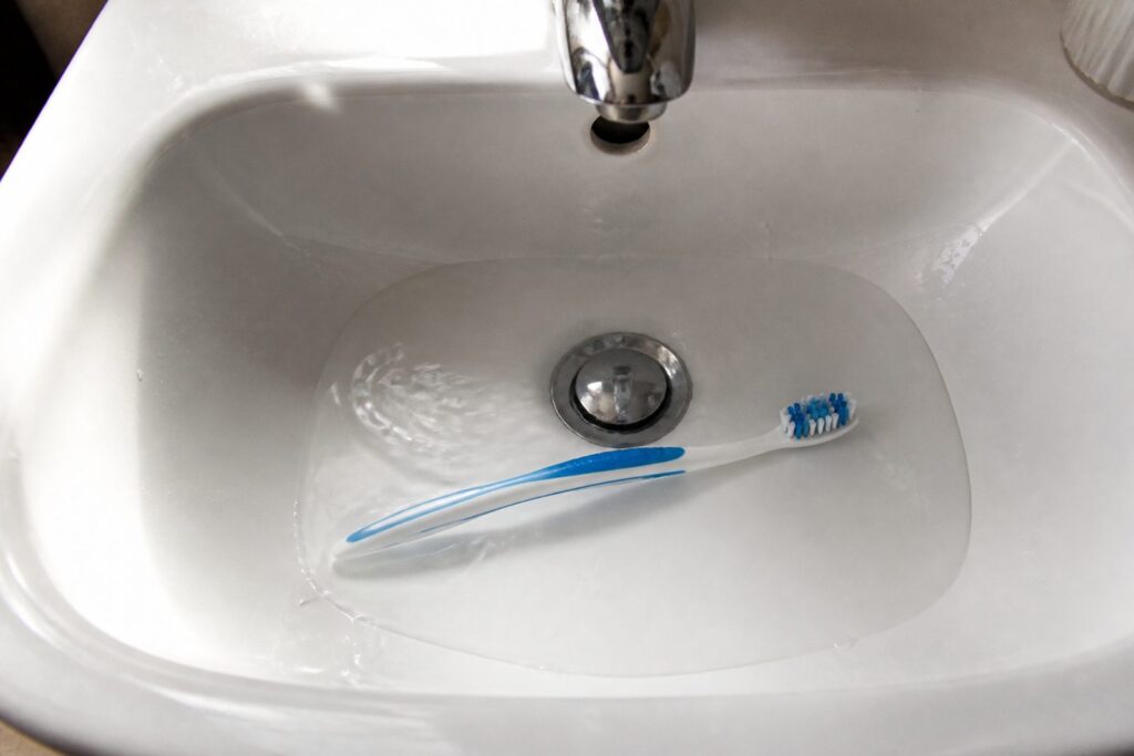 Witte wastafel met een tandenborstel en wat water, van bovenaf