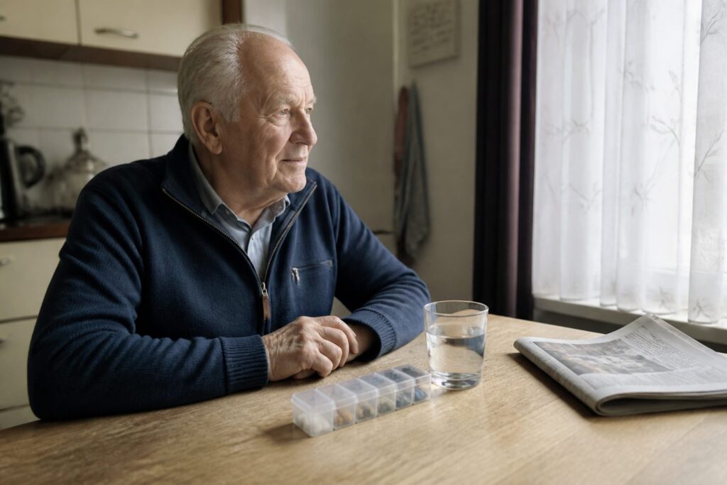 Oudere man aan de keukentafel met een glas water en een weekdoos medicijnen