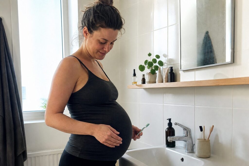 Zwangere vrouw met een tandenborstel bij de wastafel