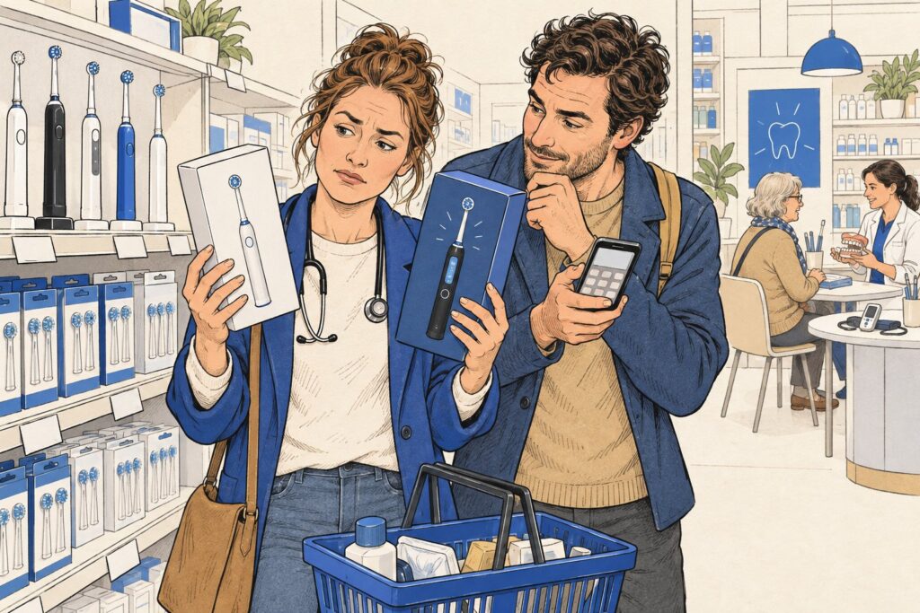 Vrouw in een drogisterij vergelijkt een goedkope en een dure elektrische tandenborstel terwijl haar partner het prijsverschil uitrekent