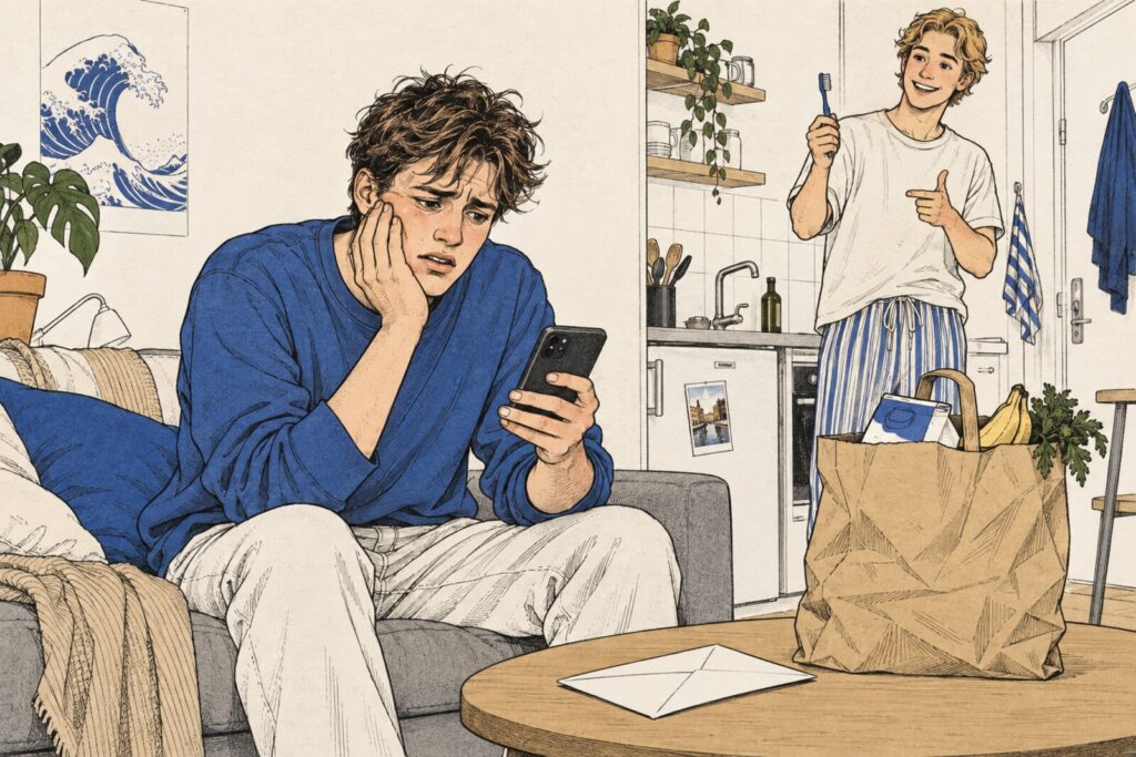Jonge man op de bank houdt zijn wang vast en kijkt bezorgd naar zijn telefoon, huisgenoot houdt een tandenborstel omhoog